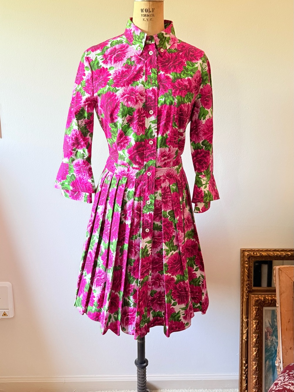 Michael Kors Collection Floral Pink and Green Pleated Skater Dress - Picture 4 of 8